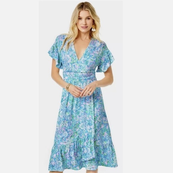 Lilly Pulitzer Sz XL Surf Blue Soleil It On Me Juliet Wrap Midi Dress - Picture 1 of 6